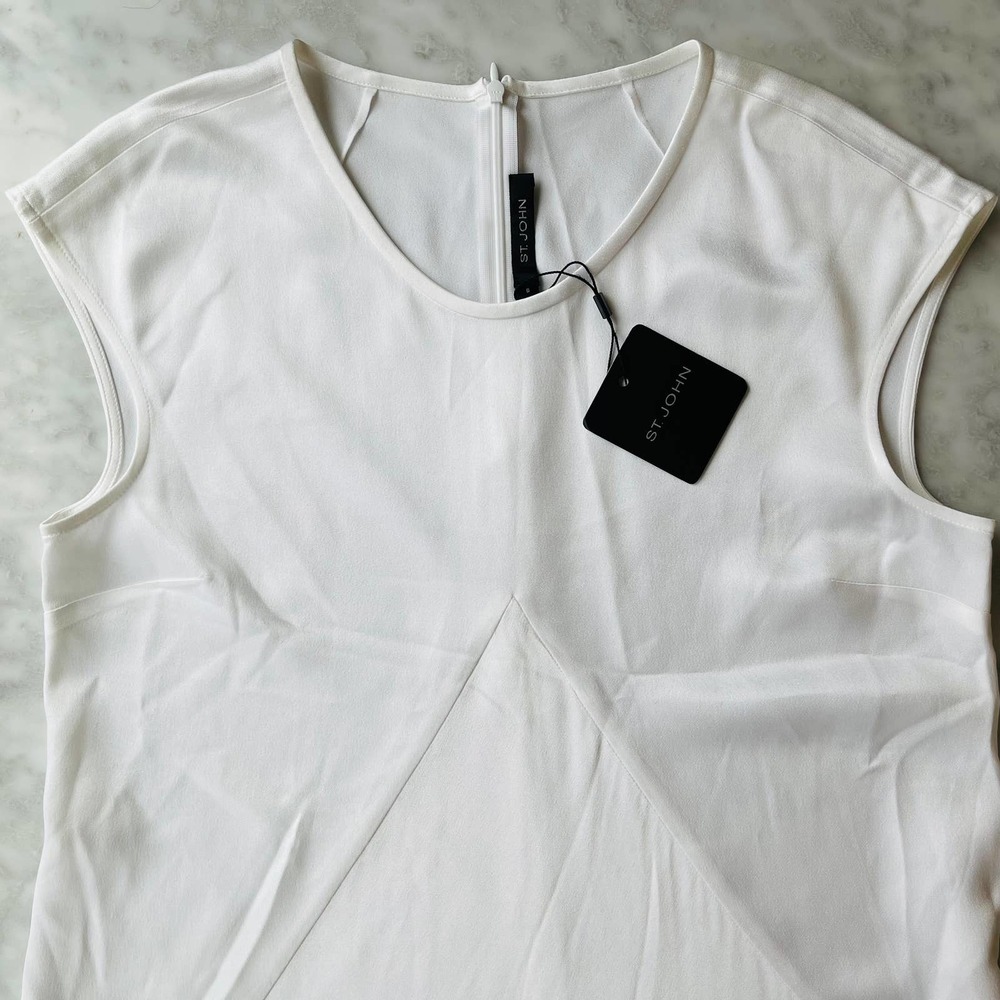 St. John White Sateen Sleeveless Tunic Blouse Swing Small NEW Acetate Viscose - Picture 2 of 6